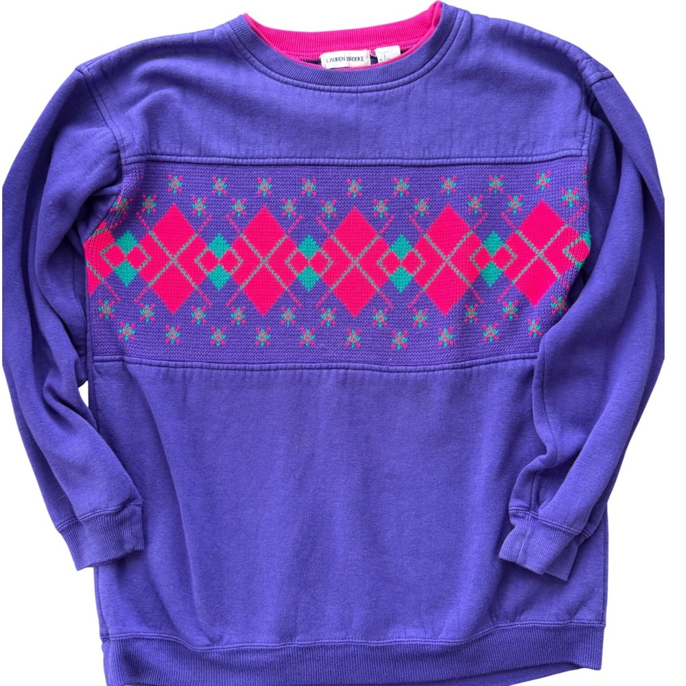 Lauren Brooke Womens Vintage Sweatshirt Purple Granny Argyle Crewneck Size S 80s